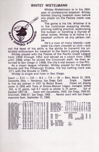 1975 Dean's Photo Service San Diego Padres #NNO Whitey Wietelmann Back