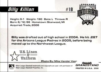 2006 Grandstand Spokane Indians #NNO Billy Killian Back