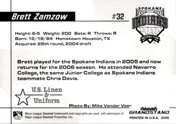 2006 Grandstand Spokane Indians #NNO Brett Zamzow Back