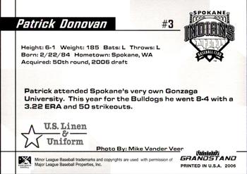 2006 Grandstand Spokane Indians #NNO Patrick Donovan Back