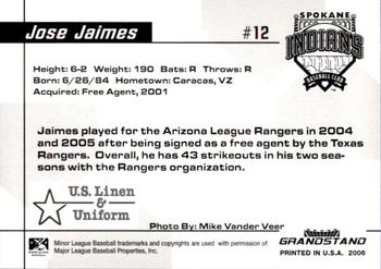 2006 Grandstand Spokane Indians #NNO Jose Jaimes Back