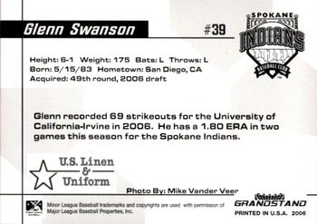 2006 Grandstand Spokane Indians #NNO Glenn Swanson Back