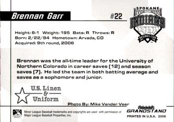 2006 Grandstand Spokane Indians #NNO Brennan Garr Back