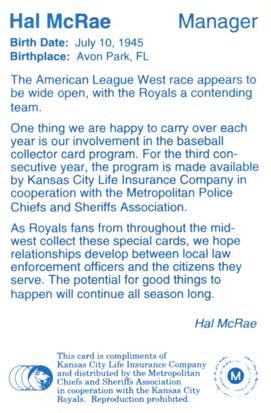 1993 Kansas City Royals Police #NNO Hal McRae Back
