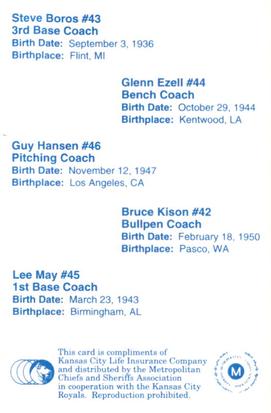 1993 Kansas City Royals Police #NNO Coaches: Steve Boros / Glenn Ezell / Guy Hansen / Bruce Kison / Lee May Back