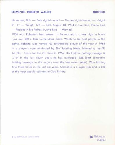 1967 Dexter Press All-Stars 5x7 #2 Roberto Clemente Back