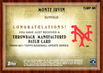 2011 Topps Update - Throwback Logo Manufactured Patch #TLMP-MI Monte Irvin Back