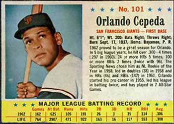 1963 Post Cereal #101 Orlando Cepeda Front