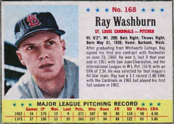 1963 Post Cereal #168 Ray Washburn Front