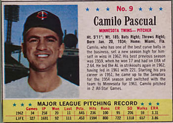 1963 Post Cereal #9 Camilo Pascual Front
