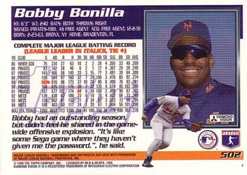 1995 Topps #502 Bobby Bonilla Back