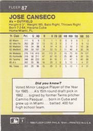 1986 Fleer Classic Miniatures #87 Jose Canseco Back