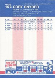 1987 Fleer Classic Miniatures #103 Cory Snyder Back