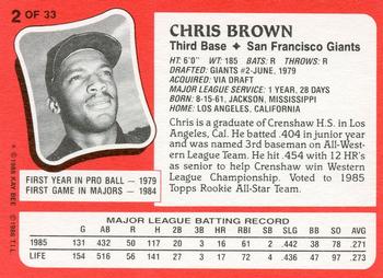 1986 Topps Kay-Bee Young Superstars of Baseball #2 Chris Brown Back