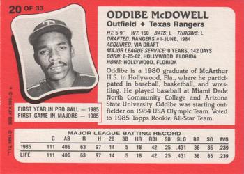 1986 Topps Kay-Bee Young Superstars of Baseball #20 Oddibe McDowell Back