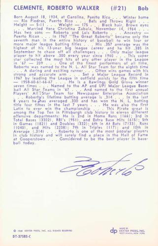 1968 Dexter Press All-Stars #3 Roberto Clemente Back