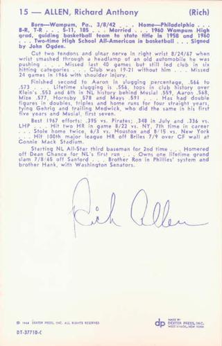 1968 Dexter Press All-Stars #2 Rich Allen Back