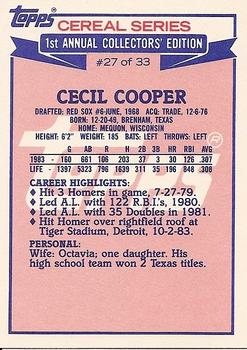 1984 Topps Cereal Series #27 Cecil Cooper Back