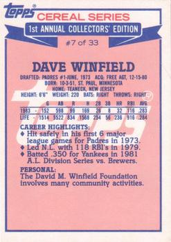 1984 Topps Cereal Series #7 Dave Winfield Back