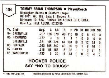 1989 ProCards Minor League Team Sets #104 Tommy Thompson Back