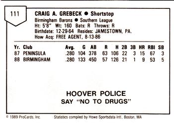 1989 ProCards Minor League Team Sets #111 Craig Grebeck Back
