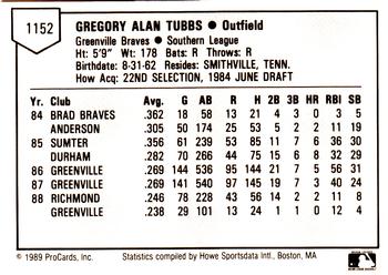 1989 ProCards Minor League Team Sets #1152 Greg Tubbs Back
