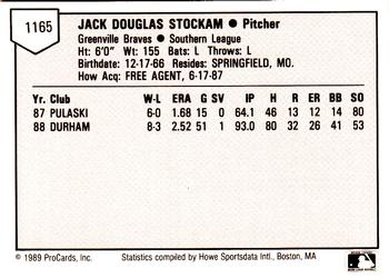 1989 ProCards Minor League Team Sets #1165 Doug Stockam Back