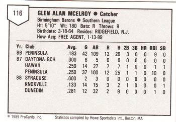 1989 ProCards Minor League Team Sets #116 Glen McElroy Back