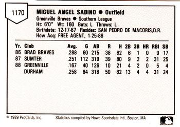 1989 ProCards Minor League Team Sets #1170 Miguel Sabino Back