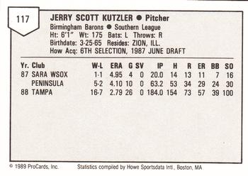 1989 ProCards Minor League Team Sets #117 Jerry Kutzler Back