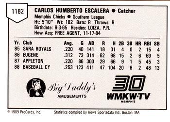 1989 ProCards Minor League Team Sets #1182 Carlos Escalera Back