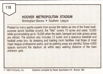 1989 ProCards Minor League Team Sets #118 Hoover Metropolitan Stadium Back