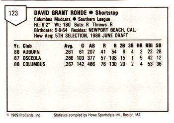 1989 ProCards Minor League Team Sets #123 Dave Rohde Back