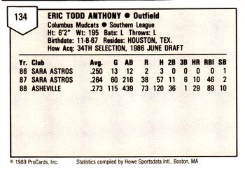 1989 ProCards Minor League Team Sets #134 Eric Anthony Back