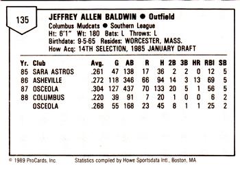 1989 ProCards Minor League Team Sets #135 Jeff Baldwin Back