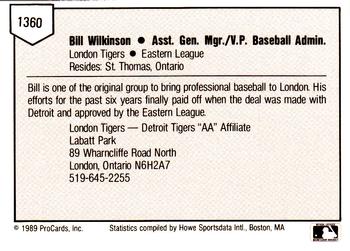 1989 ProCards Minor League Team Sets #1360 Bill Wilkinson Back
