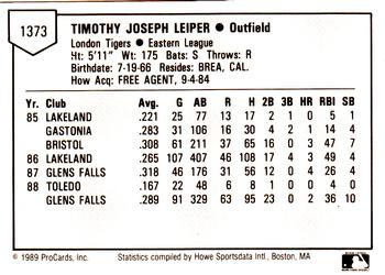 1989 ProCards Minor League Team Sets #1373 Tim Leiper Back