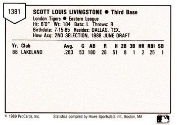 1989 ProCards Minor League Team Sets #1381 Scott Livingstone Back