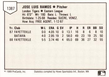 1989 ProCards Minor League Team Sets #1387 Jose Ramos Back
