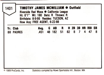 1989 ProCards Minor League Team Sets #1401 Tim McWilliam Back