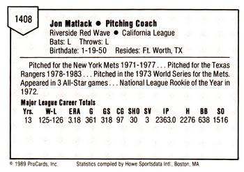 1989 ProCards Minor League Team Sets #1408 Jon Matlack Back