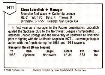 1989 ProCards Minor League Team Sets #1411 Steve Lubratich Back
