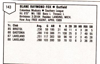 1989 ProCards Minor League Team Sets #143 Blane Fox Back