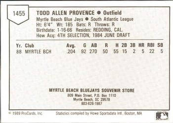 1989 ProCards Minor League Team Sets #1455 Todd Provence Back