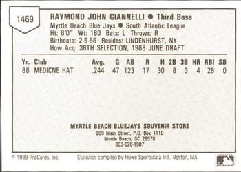 1989 ProCards Minor League Team Sets #1469 Ray Giannelli Back