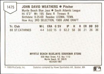 1989 ProCards Minor League Team Sets #1475 David Weathers Back