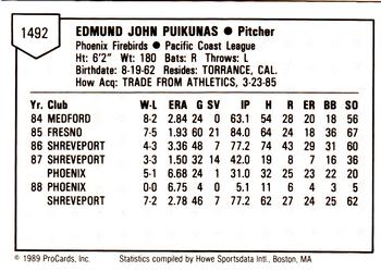 1989 ProCards Minor League Team Sets #1492 Ed Puikunas Back