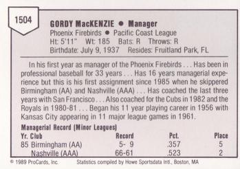 1989 ProCards Minor League Team Sets #1504 Gordy MacKenzie Back
