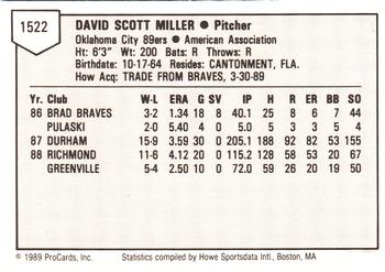 1989 ProCards Minor League Team Sets #1522 Dave Miller Back
