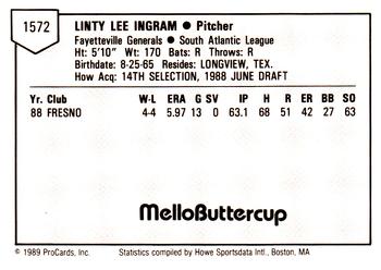 1989 ProCards Minor League Team Sets #1572 Linty Ingram Back